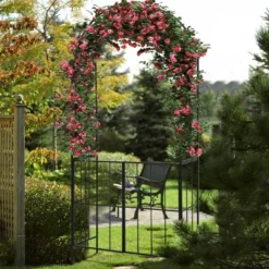 Costway Garden Arch Arbor Trellis With Gate 7.5 Ft Patio Archway Pergola For Wedding