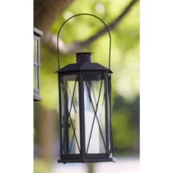Melrose 14.5" Black Cottage Style Glass Lantern With LED Flameless Pillar Candle