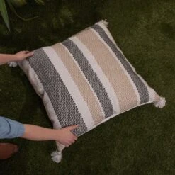Tan & Black Tick Stripe 30X30 Oversized Filled Outdoor Pillow - Foreside Home & Garden -Garden Furniture Store GUEST 3e4ad5f9 aff1 4338 99eb 1a64382cad41