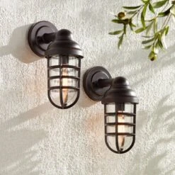 John Timberland Marlowe Industrial Outdoor Wall Light Fixtures Set Of 2 Bronze Metal Cage 13 1/4" Clear Glass For Post Exterior Barn Deck House Porch