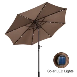 Nature Spring Patio Umbrella With LED Lights, 5-Position Vertical Tilt, 9' - Brown