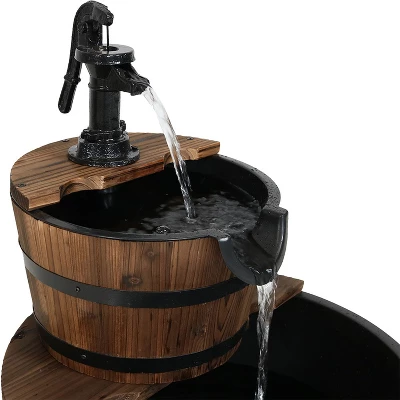 Sunnydaze Decor Sunnydaze 23"H Electric Fir Wood 2-Tier Farmhouse Barrel With Metal Decorative Hand Pump Outdoor Water Fountain 2 Sunnydaze Decor Sunnydaze 23"H Electric Fir Wood 2-Tier Farmhouse Barrel With Metal Decorative Hand Pump Outdoor Water Fountain - Image 2