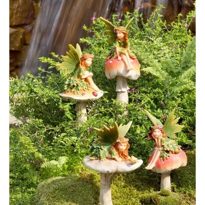 Wind & Weather Fairies On Mushrooms Garden Stakes, Set Of 4 1 Wind & Weather Fairies On Mushrooms Garden Stakes, Set Of 4