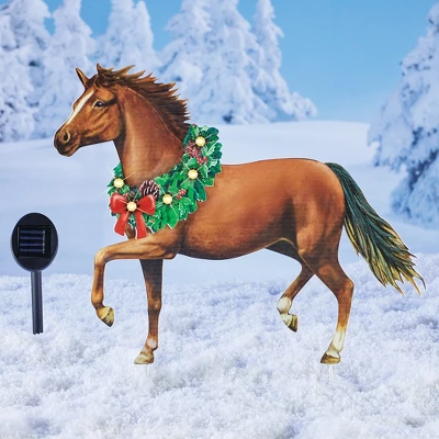 Collections Etc Prancing Solar Powered Holiday Wreath Horse Garden Stake 1 Collections Etc Prancing Solar Powered Holiday Wreath Horse Garden Stake
