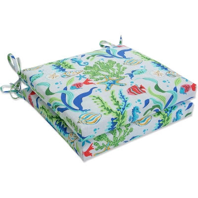 2pc Outdoor/Indoor Squared Corners Seat Cushions Coral Bay Blue - Pillow Perfect 6 2pc Outdoor/Indoor Squared Corners Seat Cushions Coral Bay Blue - Pillow Perfect - Image 6