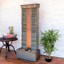 Sunnydaze Decor Sunnydaze 48"H Electric Natural Slate With Copper Accents Rippled Column Outdoor Water Fountain With LED Spotlight