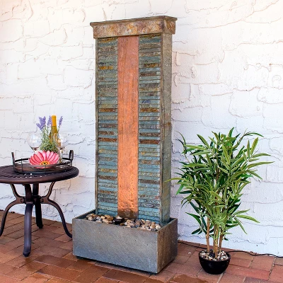 Sunnydaze Decor Sunnydaze 48"H Electric Natural Slate With Copper Accents Rippled Column Outdoor Water Fountain With LED Spotlight 1 Sunnydaze Decor Sunnydaze 48"H Electric Natural Slate With Copper Accents Rippled Column Outdoor Water Fountain With LED Spotlight