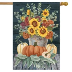Sunflowers And Hydrangeas Fall House Flag Floral Pumpkins 28"x40" Briarwood Lane