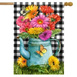 Gerber Daisy Watering Can Spring House Flag Checkered 28" X 40" Briarwood Lane