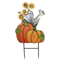 Direct International Home & Garden Watering Can With Pumpkins - One Yard Stake 37.5 Inches - Yard Decor Sunflower - 31823025 - Metal - Orange