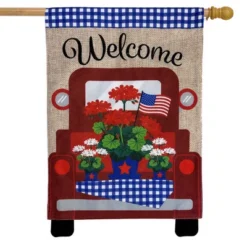 Red Truck Burlap Patriotic House Flag 28" X 40" Briarwood Lane