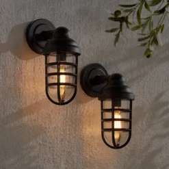 John Timberland Marlowe Industrial Outdoor Wall Light Fixtures Set Of 2 Bronze Metal Cage 13 1/4" Clear Glass For Post Exterior Barn Deck House Porch -Garden Furniture Store GUEST eaf0043e 3f61 4081 85a5 d2715d324e33