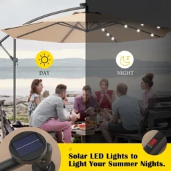 Costway 10' Hanging Solar LED Umbrella Patio Sun Shade Offset Market W/Base Beige -Garden Furniture Store GUEST f40fcc4a 1f14 47dc 8c59 6c61c59cba70