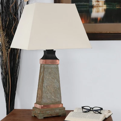 Sunnydaze Decor Sunnydaze Contemporary Natural Slate With Copper Trim And Fabric Cream Shade Accent Indoor/Outdoor Weather-Resistant Table Lamp 1 Sunnydaze Decor Sunnydaze Contemporary Natural Slate With Copper Trim And Fabric Cream Shade Accent Indoor/Outdoor Weather-Resistant Table Lamp