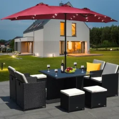 Costway 15Ft Patio Double-Sided Solar LED Market Umbrella Crank Base BeigeTanOrangeBurgundy -Garden Furniture Store GUEST fe786d54 8e1d 4c99 ab77 70b558474b0a